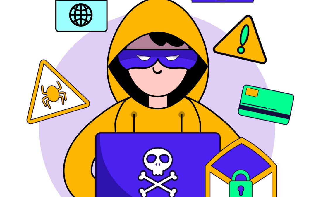 A hooded individual working on a laptop, surrounded by a skull and crossbones, symbolizing hacking and the dark web.